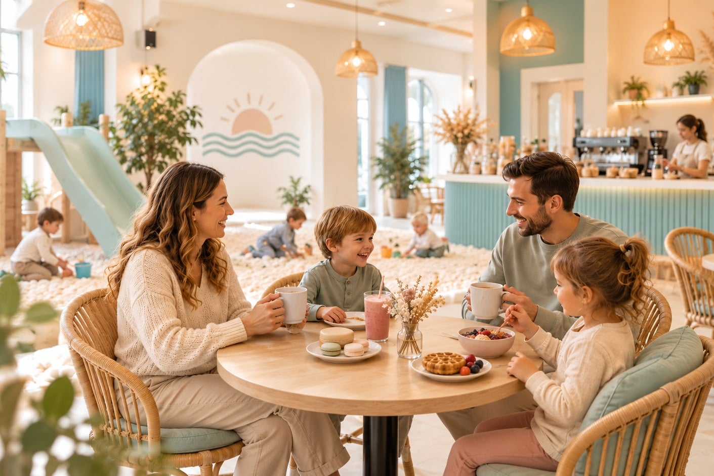 Familie mit zwei Kindern am Cafétisch, dahinter spielen Kinder im Salz
